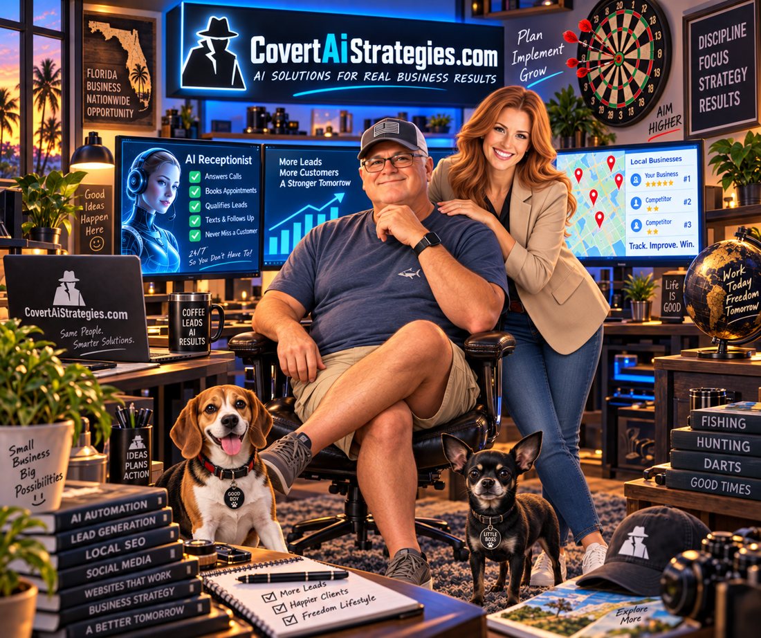 Corky Devendorf in his office with Avery, his AI assistant, and his two dogs