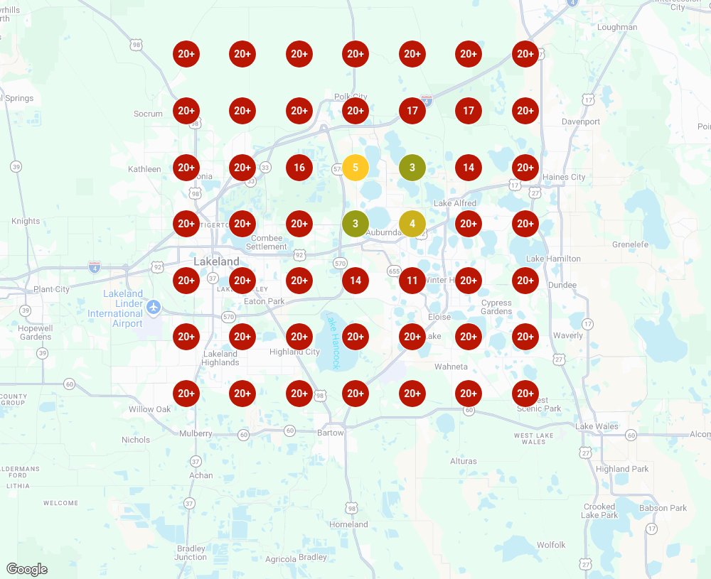 A sample Lead Map showing where a business appears on Google Maps across its service area