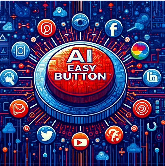 Red AI Easy button with social media icons surrounding it on a blue background
