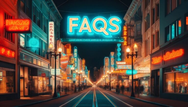 FAQs sign over a nighttime main st neons glowing