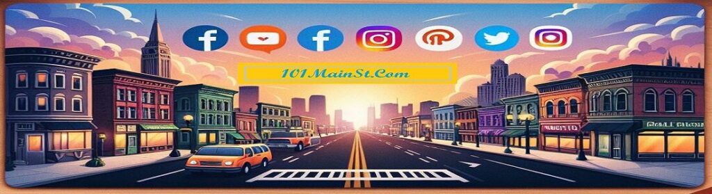 101mainst banner. old town main st with social media icons above in the sunrise flowing down the street