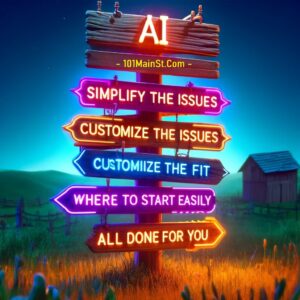 Sign board with signs for AI, AI is Here! Simplify the issues, Customize the Fit, and Where to Start Easily - All Done For You and 101MainSt.Com