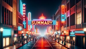 Here are the images depicting a colorful main street at night with a neon sign that says "Summary".